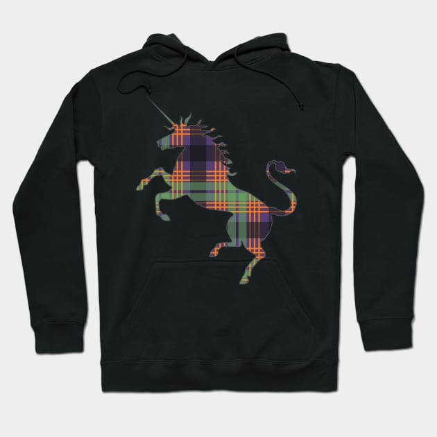 Scottish Purple, Orange and Green Tartan Rearing Unicorn Silhouette Hoodie by MacPean